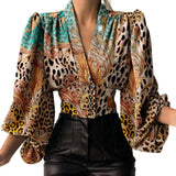 DERMEARNE Fashion Women Shirt V-neck Slim Buttons Tight Shrinkable Cuffs Cropped Shirt Lantern Long Sleeve Flower Print Blouse 2025