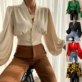 DERMEARNE Fashion Women Shirt V-neck Slim Buttons Tight Shrinkable Cuffs Cropped Shirt Lantern Long Sleeve Flower Print Blouse 2025