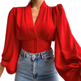 DERMEARNE Fashion Women Shirt V-neck Slim Buttons Tight Shrinkable Cuffs Cropped Shirt Lantern Long Sleeve Flower Print Blouse 2025