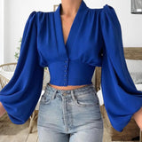DERMEARNE Fashion Women Shirt V-neck Slim Buttons Tight Shrinkable Cuffs Cropped Shirt Lantern Long Sleeve Flower Print Blouse 2025