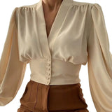 DERMEARNE Fashion Women Shirt V-neck Slim Buttons Tight Shrinkable Cuffs Cropped Shirt Lantern Long Sleeve Flower Print Blouse 2025