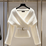 DERMEARNE Fashion Women White Knitted Sweater Blouses V-neck Long Sleeve New Vintage Top Soft Luxury Pullovers Sweater 2025 Autumn Winter