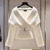 DERMEARNE Fashion Women White Knitted Sweater Blouses V-neck Long Sleeve New Vintage Top Soft Luxury Pullovers Sweater 2025 Autumn Winter