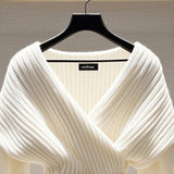 DERMEARNE Fashion Women White Knitted Sweater Blouses V-neck Long Sleeve New Vintage Top Soft Luxury Pullovers Sweater 2025 Autumn Winter