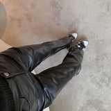 DERMEARNE Fashionable Cross Patterned Straight Pants for Women PU Leather Hot Girl 2025 New Stylish Unique Black Pants Korean Style