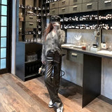 DERMEARNE Fashionable Cross Patterned Straight Pants for Women PU Leather Hot Girl 2025 New Stylish Unique Black Pants Korean Style