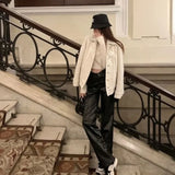 DERMEARNE Fashionable Cross Patterned Straight Pants for Women PU Leather Hot Girl 2025 New Stylish Unique Black Pants Korean Style