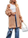 DERMEARNE Fashionable Women Knitted Cardigan Solid Color Long Sleeve Open Front Slit Fall Casual Jacket Sweater Coat with Pockets