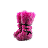 Dermearne Faux Fur Knee-High Boot Round Toe Height Increasing Wild Winter Warmer Belt Buckle Slip-On Fashion Luxury Sexy Women Shoe Newest