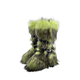 Dermearne Faux Fur Knee-High Boot Round Toe Height Increasing Wild Winter Warmer Belt Buckle Slip-On Fashion Luxury Sexy Women Shoe Newest