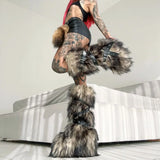 Dermearne Faux Fur Knee-High Boot Round Toe Height Increasing Wild Winter Warmer Belt Buckle Slip-On Fashion Luxury Sexy Women Shoe Newest