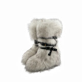 Dermearne Faux Fur Knee-High Boot Round Toe Height Increasing Wild Winter Warmer Belt Buckle Slip-On Fashion Luxury Sexy Women Shoe Newest