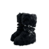 Dermearne Faux Fur Knee-High Boot Round Toe Height Increasing Wild Winter Warmer Belt Buckle Slip-On Fashion Luxury Sexy Women Shoe Newest