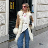 DERMEARNE Faux Fur Patchwork Thicken Outwear Women Turn-down Collar Furry Loose Long Sleeve Warm Coat 2025 Winter Casual Pocket Overcoat