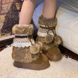 DERMEARNE Faux Fur  Women Winter Snow  Luxury Fluffy Fuzzy  Warm Cozy Waterproof Platform Lace-up Mid-Calf Ski Boots 2025 New Hot