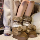 DERMEARNE Faux Fur  Women Winter Snow  Luxury Fluffy Fuzzy  Warm Cozy Waterproof Platform Lace-up Mid-Calf Ski Boots 2025 New Hot