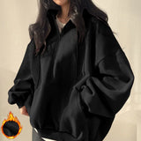 DERMEARNE Female Casual Long Sleeve Pocket thicken Hooded Coats Hoodie Harajuku Loose Oversized Autumn Top Half Zip Up Women Sweatshirt