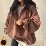 DERMEARNE Female Casual Long Sleeve Pocket thicken Hooded Coats Hoodie Harajuku Loose Oversized Autumn Top Half Zip Up Women Sweatshirt