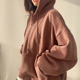 DERMEARNE Female Casual Long Sleeve Pocket thicken Hooded Coats Hoodie Harajuku Loose Oversized Autumn Top Half Zip Up Women Sweatshirt