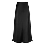 DERMEARNE Fishtail Maxi Skirt Elegant Faux Silk Satin Skirts for Women High Waist A-line Office Lady Skirt Solid Color Glossy Finish
