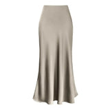 DERMEARNE Fishtail Maxi Skirt Elegant Faux Silk Satin Skirts for Women High Waist A-line Office Lady Skirt Solid Color Glossy Finish