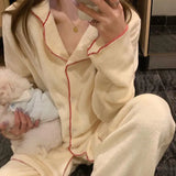 DERMEARNE Flannel Women's Pajamas Sets Casual Autumn Winter Sleepwear Velvet Pyjama Ladies Cardigan Simple Bedroom Soft Warm Home Clothes