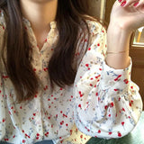 DERMEARNE Floral Chiffon Shirt Tops Spring Autumn New Long Sleeve Polo Neck Printing Loose Youth Blouse Fashion Sweet Cute Women Clothing