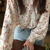 DERMEARNE Floral Chiffon Shirt Tops Spring Autumn New Long Sleeve Polo Neck Printing Loose Youth Blouse Fashion Sweet Cute Women Clothing