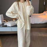 DERMEARNE Floral Sleepwear Women Pajama Sets Autumn Korean Pants Sets 2 Pieces Piiama Night Wears Long Sleeve Casual Ruffles Home Suit New