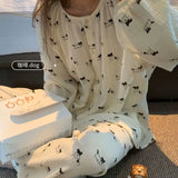 DERMEARNE Floral Sleepwear Women Pajama Sets Autumn Korean Pants Sets 2 Pieces Piiama Night Wears Long Sleeve Casual Ruffles Home Suit New