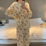 DERMEARNE Floral Sleepwear Women Pajama Sets Autumn Korean Pants Sets 2 Pieces Piiama Night Wears Long Sleeve Casual Ruffles Home Suit New