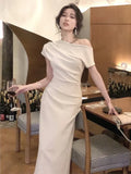 DERMEARNE France Elegant Solid Party Prom Midi Dresses Fashion Off Shoulder Backless Graduation Clothing Women Summer Vestidos 2025