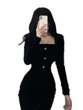 DERMEARNE French Black Lace Square Neck Wrap Hip Fishtail Dress 2025 Spring Korean Women Vintage Slim Evening Party Velvet Long Dresses