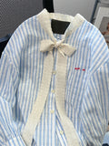 DERMEARNE French Elegant Blouses Lace Bow Striped Long Sleeve Single Breasted Spring Autumn Shirts All Match Design 2025 Women's Clothing