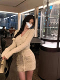 DERMEARNE French Elegant Slim Knitted Dress Short Party One Piece Dress Korean Fashion 2025 Winter Sexy Bodycon Y2k Mini Dress Woman Chic