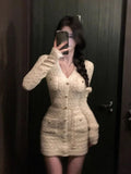 DERMEARNE French Elegant Slim Knitted Dress Short Party One Piece Dress Korean Fashion 2025 Winter Sexy Bodycon Y2k Mini Dress Woman Chic
