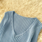 DERMEARNE French Elegant V Neck Long Sleeve Knit A-line Dress Slim Fashion Sweater Sexy Women Autumn Winter Clothing