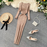 DERMEARNE French Elegant V Neck Long Sleeve Knit A-line Dress Slim Fashion Sweater Sexy Women Autumn Winter Clothing