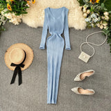 DERMEARNE French Elegant V Neck Long Sleeve Knit A-line Dress Slim Fashion Sweater Sexy Women Autumn Winter Clothing