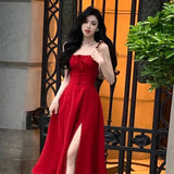 DERMEARNE French Elegant White Strap Midi Dress 2025 Summer New Casual Evening Party Dress Women Beach Sleeveless Lace-up Red Dress Korean