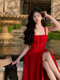 DERMEARNE French Elegant White Strap Midi Dress 2025 Summer New Casual Evening Party Dress Women Beach Sleeveless Lace-up Red Dress Korean