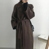 DERMEARNE French Lazy Style Warm Female Fresh Winter 2025 Classical Belt Retro Loose Women Woolen Coats Chic Casual Long Coat Long