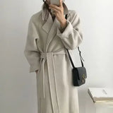 DERMEARNE French Lazy Style Warm Female Fresh Winter 2025 Classical Belt Retro Loose Women Woolen Coats Chic Casual Long Coat Long