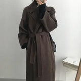 DERMEARNE French Lazy Style Warm Female Fresh Winter 2025 Classical Belt Retro Loose Women Woolen Coats Chic Casual Long Coat Long