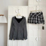 DERMEARNE French Retro Elegant Y2k 3 Piece Sets Women Vintage Solid Long Sleeve Sweater + Lace Casual Vest + Plaid Chic Skirt Autumn 2025