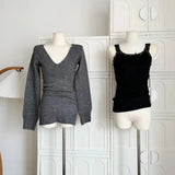 DERMEARNE French Retro Elegant Y2k 3 Piece Sets Women Vintage Solid Long Sleeve Sweater + Lace Casual Vest + Plaid Chic Skirt Autumn 2025