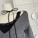 DERMEARNE French Retro Elegant Y2k 3 Piece Sets Women Vintage Solid Long Sleeve Sweater + Lace Casual Vest + Plaid Chic Skirt Autumn 2025