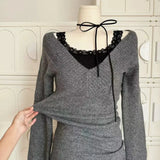 DERMEARNE French Retro Elegant Y2k 3 Piece Sets Women Vintage Solid Long Sleeve Sweater + Lace Casual Vest + Plaid Chic Skirt Autumn 2025