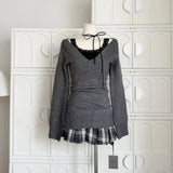 DERMEARNE French Retro Elegant Y2k 3 Piece Sets Women Vintage Solid Long Sleeve Sweater + Lace Casual Vest + Plaid Chic Skirt Autumn 2025