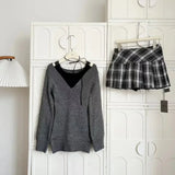 DERMEARNE French Retro Elegant Y2k 3 Piece Sets Women Vintage Solid Long Sleeve Sweater + Lace Casual Vest + Plaid Chic Skirt Autumn 2025